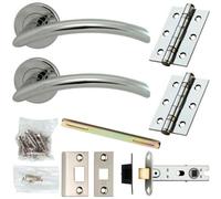 Door Handle & Latch Pack Chrome Modern Arched Slim Bar On Screwless Round Rose