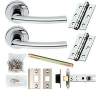 Door Handle & Latch Pack Chrome Modern Curved Slim Bar On Screwless Round Rose