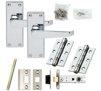 Door Handle & Latch Pack Chrome Victorian Straight Lever on Plate Complete Set