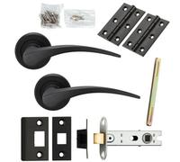 Door Handle & Latch Pack Matt Black Slim Arched Lever Screwless Round Rose