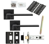 Door Handle & Latch Pack Matt Black Straight Flat lever Screwless Square Rose