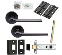 Door Handle & Latch Pack Matt Black Straight Rounded Bar Screwless Round Rose