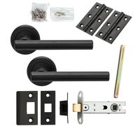 Door Handle & Latch Pack Matt Black Straight T Bar Lever Screwless Round Rose