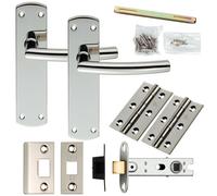 Door Handle & Latch Pack Polished Steel Curved Bar Lever Slim Backplate