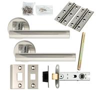 Door Handle & Latch Pack Polished Steel Round T Bar Lever Screwless Rose
