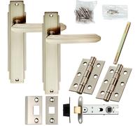 Door Handle & Latch Pack Satin Nickel Art Deco Premium Lever Slim Backplate Loops Metallics One Size