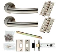 Door Handle & Latch Pack Satin Steel Curved Lever Bar Screwless Round Rose