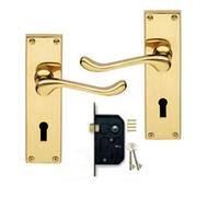 Door Handle with Lock - Lever Handle Door Lock, Victorian Scroll Polished Brass Lever Lock Door Handles with Lock and Key - Door Handle Lock, 2 Lever Lock Set + 2 Key Lock - (3 Pack Gold)