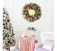 Door Hanger Christmas Wreath with Lights, 30cm Pre-Lit Artificial Christmas Wreath Decorated with Pine Cones Berry Clusters Ornaments Christmas Garlands Decorations