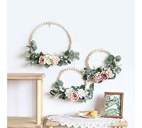 Door Lintel Flower Wood Bead Wall Decoration Ins Wind Fake Flower Dried Wreath Round Bouquet-pink Purple Wood Bead Eucalyptus Three-piece Set Wreath Ring Autumn Decorations