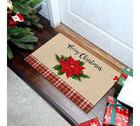 Door Mat Christmas Red Flowers Bow Green Leaves On Red Buffalo Check Plaid Entrance Rug Absorbent Floor Mat Soft Entrance Matting For Kitchen Indoor Outdoor 40X60CM