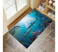 Door Mat for Indoor, Ocean Animals Doormat Indoor Entry, Sharks Corals Washable Rug for Kitchen and Hallway, 80x120 cm Non-Slip Rubber Welcome Mat for Front Door Blue