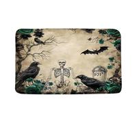 Door Mat Gothic Halloween Brown Green Skull Flower Bird Bat Dead Tree Spooky Skeleton Scary Vintage Welcome Mat Water Absorbent Washable Kitchen Rug, For Bathroom, Living Room, Shower, 40x60cm