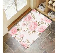Door Mats 50 X 80 Cm, Soft Comfortable Machine Washable, Indoor Pink Peony Rugs With Non-Slip Backing, Watercolor Flowers Doormats For Entrance, Entryway, Corridor White