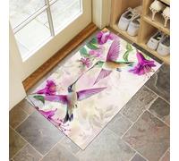 Door Mats 60 X 90 Cm, Soft Comfortable Machine Washable, Indoor Watercolor Style Rugs With Non-Slip Backing, Hummingbird On Flower Doormats For Entrance, Entryway, Corridor Light Purple