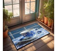 Door Mats Funny Blue Floral Pattern On Cup And Saucer Doormat Fall Outdoor Doormat Mat For Shoes By Door(65X90CM)