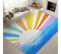Door Mats Indoor 140 x 200 cm, Machine Washable Rug, Simple Spring Style, Ocean, Rainbow Stripes, Warm, Fresh, For Living Room, Balcony, Carpet, Blue & White