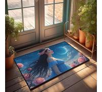 Door Matt A Woman In A Blue Dress With Flowers In Her Hair Stands Under A Crescent Moon Doormat Bar Decor For Home Doormats With Sayings(40X60CM)