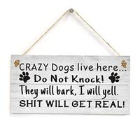 Door Sign, Crazy Dogs Live Here Do Not Knock Hanging Wall Art Funny Wood Plaque with Hanging Rope for Door and Wall