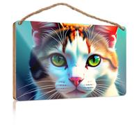 Door Sign Decor A Colorful, Stylized Cat Face with Vibrant Green Eyes Fall Porch Decor Signs & Plaques(15X28CM)