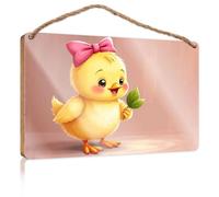 Door Sign Decor A Cute Chick with A Pink Bow Holding A Green Leaf Fall Porch Decor Signs & Plaques(15X28CM)