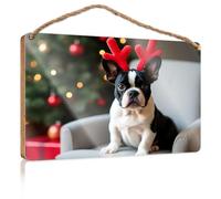 Door Sign Decor A Festive Dog Wearing Red Antlers Sits in Front of A Christmas Tree Fall Porch Decor Signs & Plaques(20X30CM)