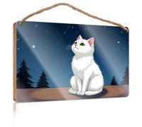 Door Sign Decor A White Cat with Green Eyes Sits On A Wooden Surface Under A Starry Night Sky Fall Porch Decor Signs & Plaques(23X35CM)
