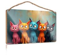 Door Sign Decor Five Colorful Cartoon Cats Sitting Together Fall Porch Decor Signs & Plaques(15X28CM)