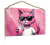 Door Sign for Bedroom A Cool Pink Cat Sipping On A Refreshing Drink Wooded Sign Fall Front Porch Decorations Porch Signs Outdoor(15X28CM)