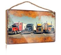 Door Sign for Bedroom Four Colorful Semi-Trucks Parked in A Row Wooded Sign Fall Front Porch Decorations Porch Signs Outdoor(15X28CM)