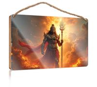 Door Signs for Home Funny A Warrior with A Trident Stands Amidst Fiery Clouds Wooded Sign Hanging Decor Porch Pool Signs and Decor Outdoor(23X35CM)