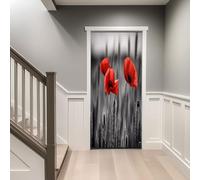Door Sticker 77 x 200 cm, Poppy Flowers in Rural Wheat Fields Wall Mural Home Decoration for Bedroom Living Room, Removable Poster Art, Peel and Stick Self-Adhesive Poster Wallpaper, Black and White