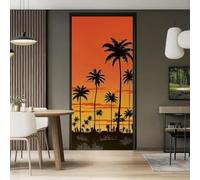 Door Stickers 95 x 215 cm, 3D Self Adhesive Tropical Sunset Sky Palm Tree Silhouette Door Mural for Bedroom Home Decor, Orange Waterproof Removable American Retro Peel and Stick Wallpaper