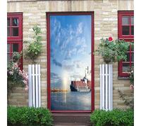 Door Stickers for Interior Doors Blue and White Cargo Ship at Seaport 95X215Cm Waterproof Self Adhesive 3D Boys Girls Children Room Bedrooms Bathroom Toilet Home Decoration Decal Door Art Poster Wa