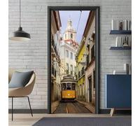 Door Stickers Murals Retro Tram 3D Self Adhesive Door Decals for Interior Doors Waterproof Wall Decals Removable Poster Sticker Wallpaper for Bedroom Bathroom Home Decor 30.3"X78.7"/77X200cm -DS1694