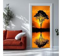 Door Stickers Self Adhesive Sunset African Savannah Tree 90x200 cm Door Murals Peel and Stick, Waterproof Decal Vinyl Orange Color Wall Murals Decor Removable Wallpaper