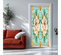 Door Wall Mural Glass Fragments Rose Pattern 77x200 cm 3D Door Stickers for Interior, Removable DIY Renovation Light Blue Wallpaper Bedroom Office Bathroom Home Improvement