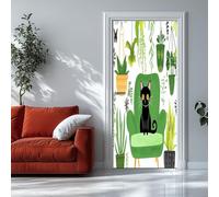 Door Wall Mural Modern Cartoon Cat Green Plants 82x200 cm 3D Door Stickers for Interior, Removable DIY Renovation White Wallpaper Bedroom Office Bathroom Home Improvement