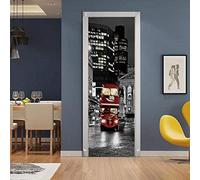 Door Wall Sticker 3D Door Mural City Night View Street Bus 77 X 200 Cm Door Stickers Interior Wall Murals Poster Art Wallpaper Self-Adhesive Removable Door Decals Vinyl DIY Office Home Decor Boys and