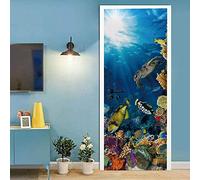 Door Wall Sticker Underwater World Fish 3D Door Sticker Self-Adhesive PVC Wallpaper DIY Door Decoration Simulation Poster Wall Sticker Mural Kids Room Door Photos Home Door Art 80 X 200 Cm