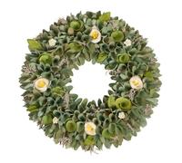 Door Wreath Natural Wooden Garland Ornament Floral Evergreen Wreaths for Front Door Summer Decoration Garden Ornaments Outdoor 42cm (Green & White)