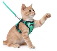 Dooradar Cat Harness and Lead Set, Escape Proof Kitten Harness, Cyan Green | Neck Release Buckle, 3 Easy-on Buckles, Soft Air Mesh, Reflective, Lockable Fit, 1.5m Lead for Kittens & Small Cats Walks, XS
