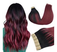 DOORES 18 Inch 50g Human Hair Extensions Tape in Remy Ombre Jet Black to Red Tape in Hair Extensions Human Hair Natural Hair Extensions Real Hair Glue in Extensions 20pcs