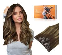 DOORES Clip in Hair Extension, Balayage Chocolate Brown to Caramel Blonde 22 Inch 120g 7pcs, Human Hair Clip in Extensions Natural