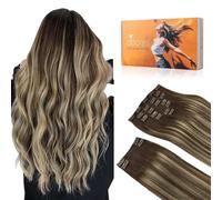 DOORES Clip in Hair Extension, Balayage Chocolate Brown to Honey Blonde 16 Inch 150g 9pcs, Human Hair Extensions Clip in