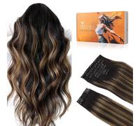 DOORES Clip in Hair Extension, Balayage Natural Black to Chestnut Brown 16 Inch 150g 9pcs, Human Hair Extensions Clip in