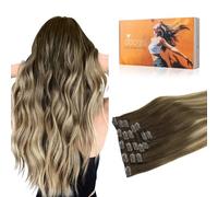 DOORES Clip in Hair Extension, Balayage Walnut Brown to Ash Brown and Bleach Blonde 22 Inch 120g 7pcs, Remy Clip in Hair Extensions Real Human