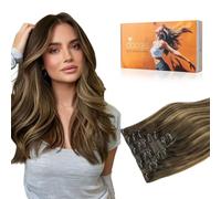DOORES Hair Extensions Seamless Clip in, Chocolate Brown to Caramel Blonde Balayage 110g 7pcs 18 Inch, Remy Seamless Clip in Human Hair Extensions Natural
