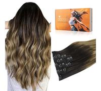 DOORES Human Hair Extensions Clip in, Balayage Dark Brown Fading to Chestnut Brown and Dirty Blonde 18 Inch 7pcs 120g, Clip in Hair Extensions Remy Natural Thick