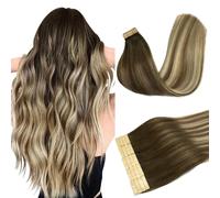 DOORES Human Hair Extensions Tape in, Balayage Walnut Brown to Ash Brown and Bleach Blonde, 18 Inch 20pcs 50g, Tape in Hair Extensions Silky Straight Soft Weft